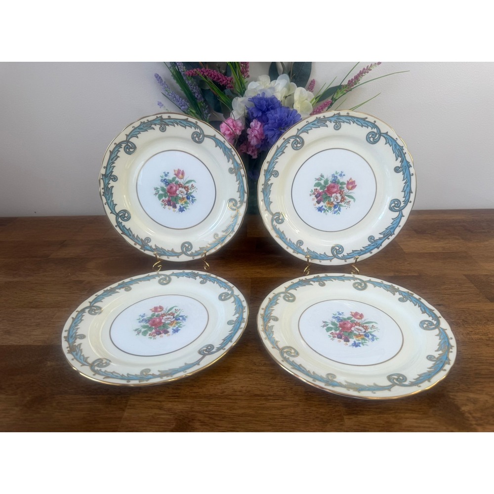 Aynsley‎ England Bone China Luncheon Plates Set Blue Scroll Floral Gold Trim